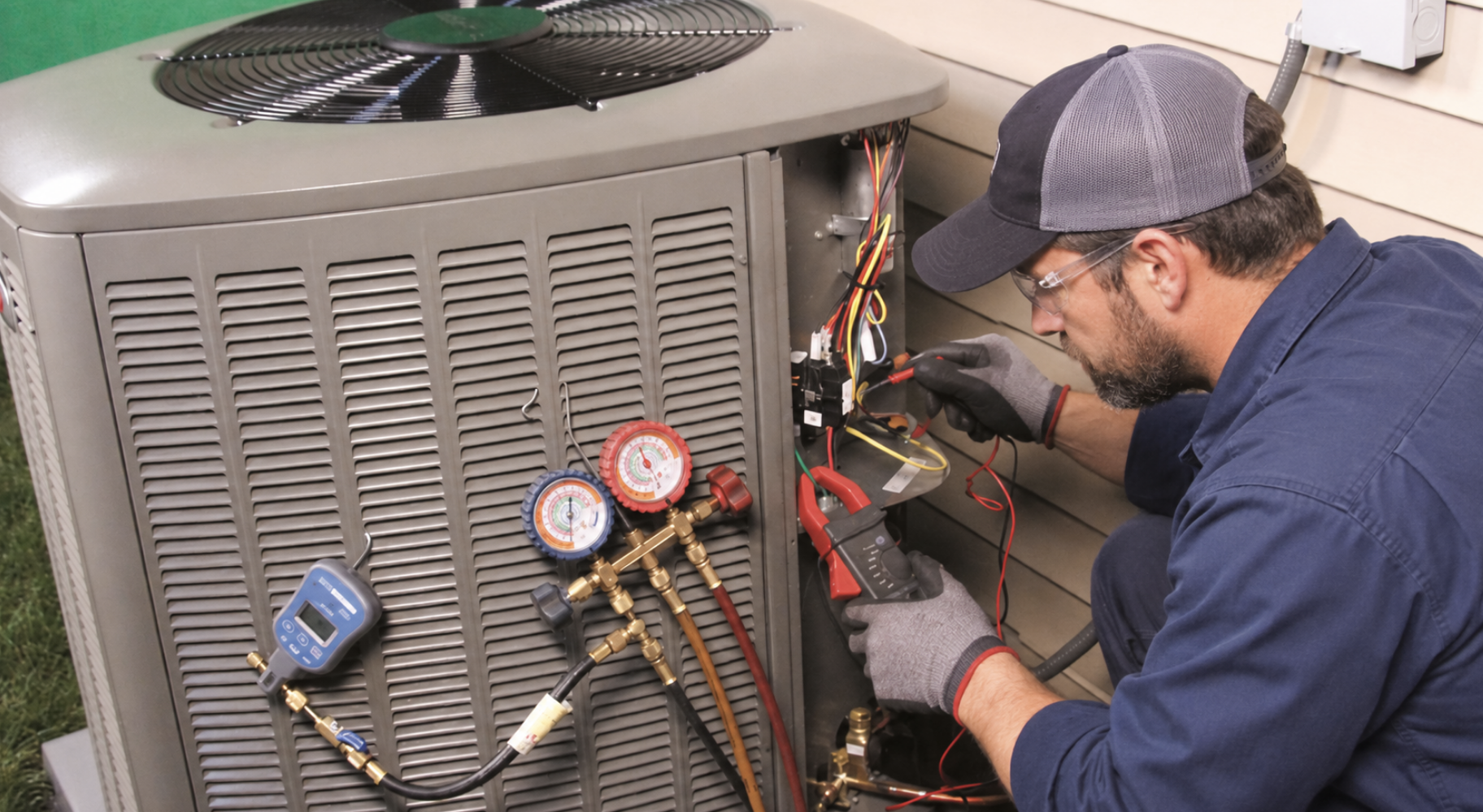 HVAC technician beside an outdoor residential air conditioning unit